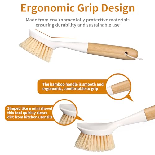 2 Pack Kitchen Dish Brush Bamboo Handle Dish Scrubber Built-in Scraper, Scrub Brush for Pans, Pots, Kitchen Sink Cleaning, Dishwashing and Cleaning Brushes are Perfect Cleaning Tools, White - style: White