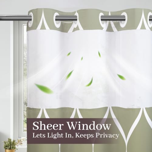 Yiatn No Hook Ombre Sage Green Shower Curtain with Snap in Fabric Liner Set - Hotel Style with See Through Mesh Top Window, 71x74 INCH - color: Ombre Sage Green, size: 71"W x 74"L (Pack of 1)