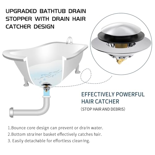 Bathtub Drain Stopper with Hair Catcher, Anti Clogging Bath Tub Drain Stoppers, Replaces Lift and Turn, Tip-Toe and Trip Lever drains for Tub, Easy Install and Clean (Chrome Silver)