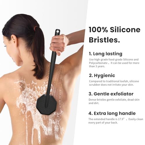 iTokGoK® Premium Silver-Infused Silicone Back Scrubber with Long Handle Back Brush for Shower,Back Brush Long Handle for Men and Women,Ergonomic No-Slip Handle, Long-Lasting (Black) - color: Black