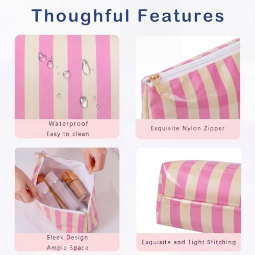 RSRSLEII Large Waterproof Travel Striped Makeup Bag, Aesthetic PVC Toiletry Bag, Coquette Cosmetic Bag, Sunscreen Accessories Storage Organization，Beach Travel Purse(11Pink&Beige) - color: 11Pink&Beige