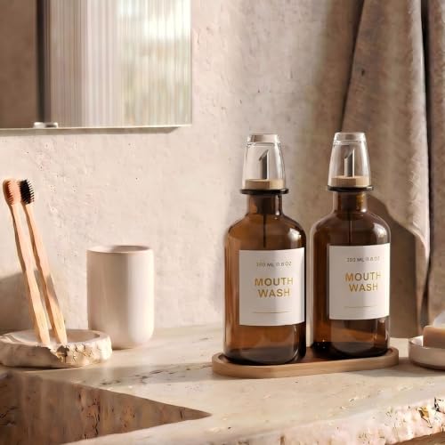 11.8OZ Glass Mouthwash Dispenser for Bathroom with Stainless Steel & Bamboo Nozzle, Mouthwash Cup Reusable, Bamboo Tray, and Elegant Gold Sticker.Set of 2（Amber - color: Amber/350*2