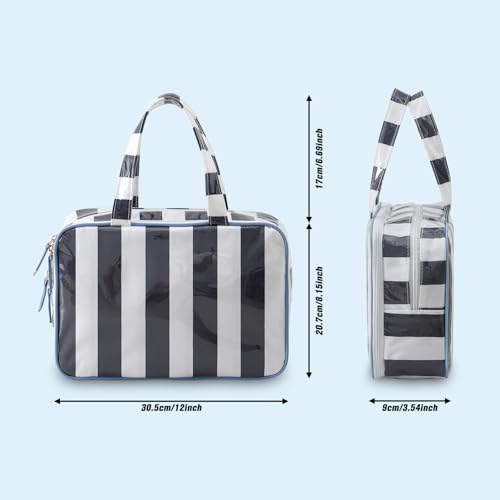 Travel Toiletry Bag for Women, Waterproof Clear Coated Portable Stripe Makeup Cosmetic Bag with Compartment, Travel Organizer for Shampoo, Conditioner, Brushes Set,Cosmetic Accessories(White-Navy) - color: White-Navy