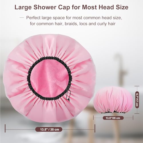Sheomern 2 Pcs 13.5" Dual Waterproof Design Adjustable Terry Shower Cap for Women and Men, EVA Double Layer Bath Cap Reusable for Braids, Long Hair, Dreadlocks - color: Pink+Purple, size: Large