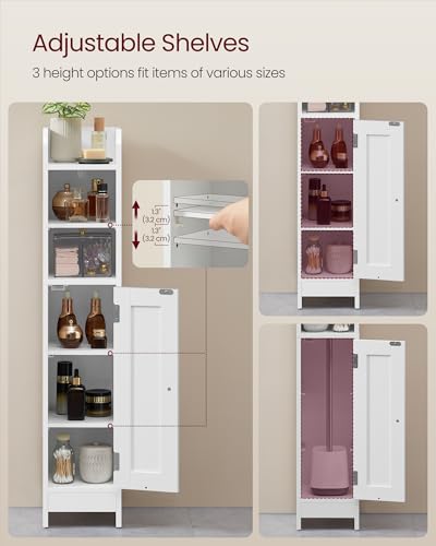 VASAGLE Small Storage Corner Floor Cabinet with Door, 7.9 x 7.1 x 36.2 Inches, Narrow Toilet Paper Storage Holder, Adjustable Shelves, for Bathroom, Living Room, Small Spaces, Cloud White UBBC311W01 - color: Cloud White, style: 1door+2open compartments (3