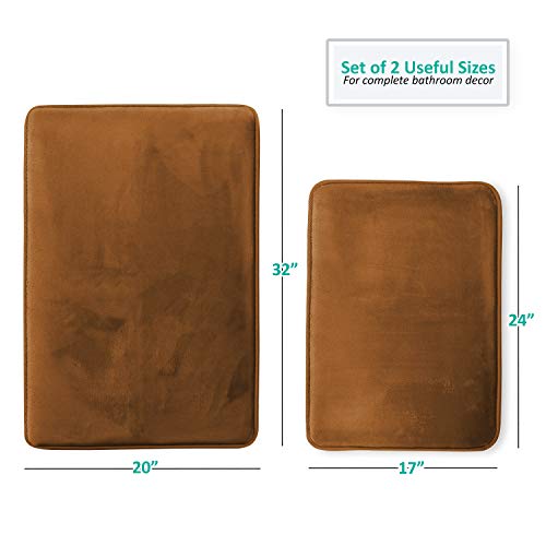 Clara Clark 2 Piece Bathroom Rugs Bath Mat Set, Velvet Memory Foam Bath Mats for Bathroom - Non-Slip, PVC Backing Bath Rugs, Washable - Dries Quickly, Brown - color: Brown, style: 17 x 24 + 20 x 32