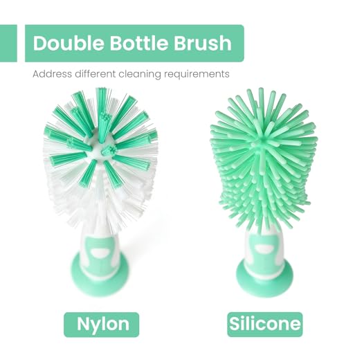 Ariseno 5-in-1 Baby Bottle Brush Set, Bottle Brush for Baby, Bottle Cleaner Brush Set, Including Nylon and Silicone Bottle Brush, Bottle Cap Brush, Straw Brush, Nipple Brush, BPA-Free (Green) - color: Green-nylon Silicone