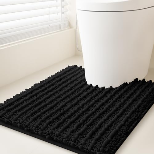 ACCUMTEK Upgrade Luxury Black Toilet Bathroom Rug Mat 24" x 20" Contour Rug, Ultra Soft Thick Absorbent Bath Mats, Non Slip Chenille Toilet Mat for Bathroom, Bedroom, Kitchen, Shower, Tub - color: Black, size: 1'8" x 2' (U-Shape)