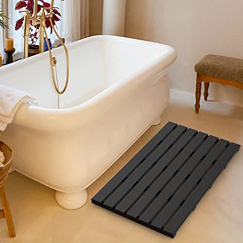 Bamboo Wooden Bath Floor Mat for Luxury Shower - Non-Slip Bathroom Waterproof Carpet for Indoor or Outdoor Use (Black,31.3 x 18.1 x 1.5 Inches) - color: Black, size: 31.3" x 18.1" (Rectangular)