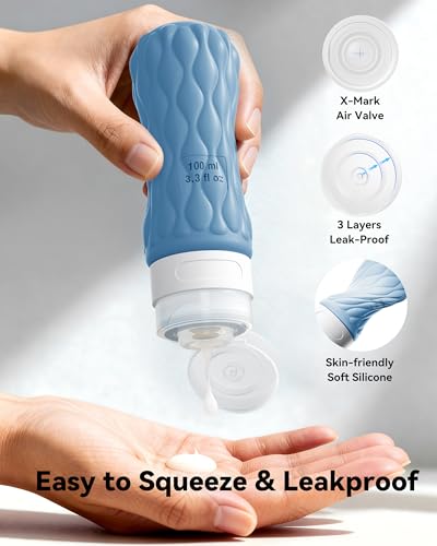 Silicone Travel Bottles for Toiletries 8 Pack Travel Size Toiletries 3.4 oz 1.7 oz, Leakproof Squeeze Travel Size Containers Refillable Cosmetic Jars Set for Shampoo, Conditioner, Creams - color: Ocean Wave-3.4oz/1.7oz