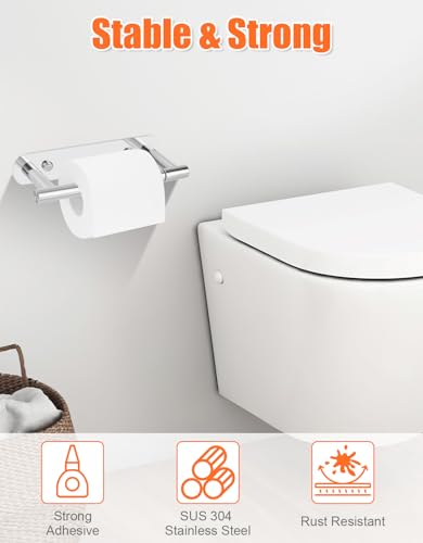 YUET Toilet Roll Holder, Self Adhesive or Screw In Wall Mounted Options, Double Post Pivoting Tissue Roll Holder, Stainless Steel Rustproof Stick On No Drilling Wall Mount for Bathroom Poilshed Chrome - color: Chrome-pivoting