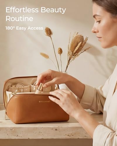 BAGSMART Makeup Bag Travel 3 Pcs Set Cosmetic Bag, Large Make Up Bag Flat Open Toiletry Bag for Women, PU Leather Travel Essentials Organizer Case, Wide-open Pouch for Skincare, Brushes,Classic Brown - color: 31- Classic Brown