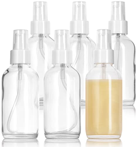 JUVITUS 4 oz / 120 ml Clear Glass Boston Round Bottle with White Treatment Pump BPA Free Refillable Empty Storage Containers (6 Pack) - size: 6 Pack