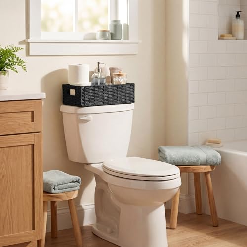 StorageWorks Small Wicker Toilet Basket Tank Topper with Built-in Handles, Toilet Paper Baskets for Back of Tank, Paper Rope Bathroom Basket Organizer and Storage for Rustic Bathroom Decor, Black - color: Black, size: 14¼" L x 6¾" W x 3¾" H
