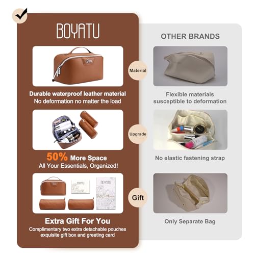 BOYATU Travel Makeup Bag Cosmetic Bags for Women: Large Capacity 3 Pcs Set Make up Bag with Compartments - Waterproof Vegan Leather Toiletry Organizer Bags with Handle (L25Brown) - color: L25Brown