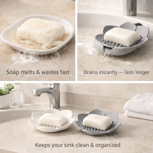 Silicone Soap Dish with Drainage, Flower Shape Soap Holder for Shower & Sink, Non-Slip Soap Saver Tray for Bathroom & Kitchen, Quick Dry Design, 2 Pack