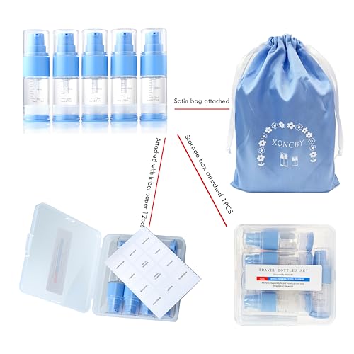 0.5oz/15ml Travel Airless Pump Bottles, 5 Pack Refillable Vacuum Cosmetic Containers with Clear Organizer Case & Labels, Small Lotion Dispenser Bottles for Skincare, Toiletries & Cosmetics - color: Blue, size: 0.5oz/15ml
