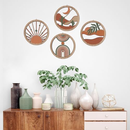 HPNIUB 4 Pcs Boho Wall Art Decor, Bohemian Geometric Hanging Wood Sign for Living Room, Aesthetic Abstract Desert Cactus, Minimalist Farmhouse Botanical Wooden Plaque for Apartment Bedroom(10''x10'') - color: Bohemian geometric