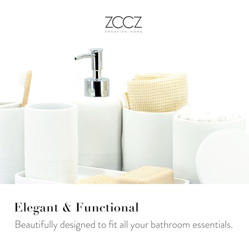 ZCCZ White Bathroom Accessories Set 6 Pieces - Toothbrush Holder, Lotion Dispenser, Qtip Container, Vanity Tray, Tumbler - Countertop Organizer for Bathrooms - Elegant and Functional Décor Set - color: White, size: 6pcs