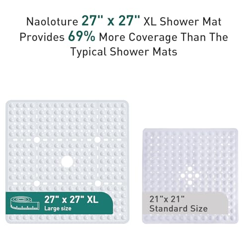 Large Square Shower Mat 27 x 27 Inch White, Non Slip Shower Bathtub Mats for Inside Shower With Big Suction Cups Drain Holes, Anti Slip Bathroom Floor Shower Stall Mats, Easy Clean, BPA-Free - color: White
