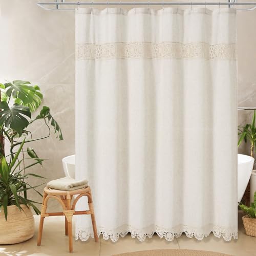 Gibelle Long Boho Farmhouse Shower Curtain Set with Liner, Linen Bohemian French Country Bathroom Curtain 72x78 - Beige/Cream - color: Beige-liner Set, size: 72"W x 78"L (Pack of 1)