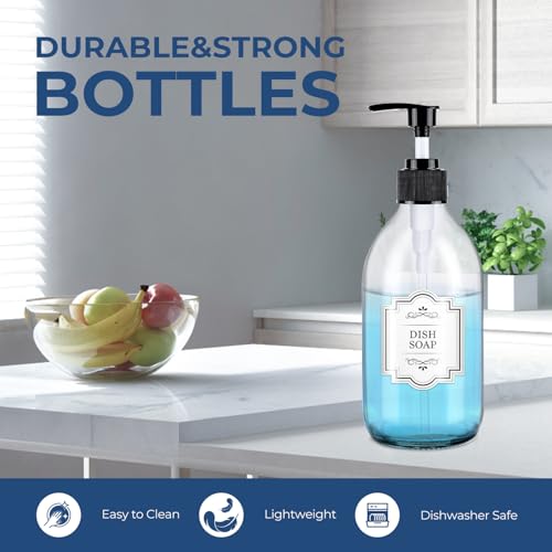 16 oz Clear Glass Soap Dispenser with Pump, Glass Pump Bottle for Lotion Body Oil, 500ml Hand and Dish Soap Dispensers Set with Storage Caps, Labels - 2 Pack - color: Clear
