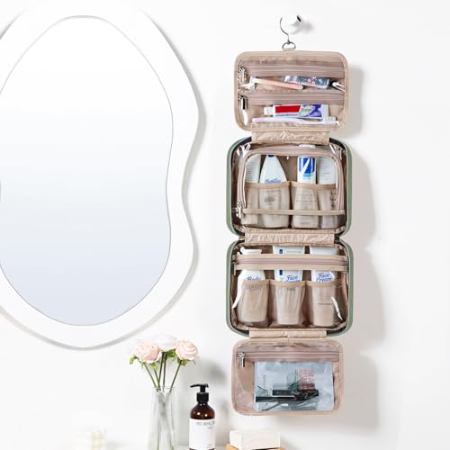 NISHEL Travel Toiletry Bag for women, Portable Hanging Organizer for Travel-Sized Shampoo, Conditioner, Brushes Set, Makeup Accessories, Medium Size, Purple, Bronze Green - color: Bronze Green, size: Medium