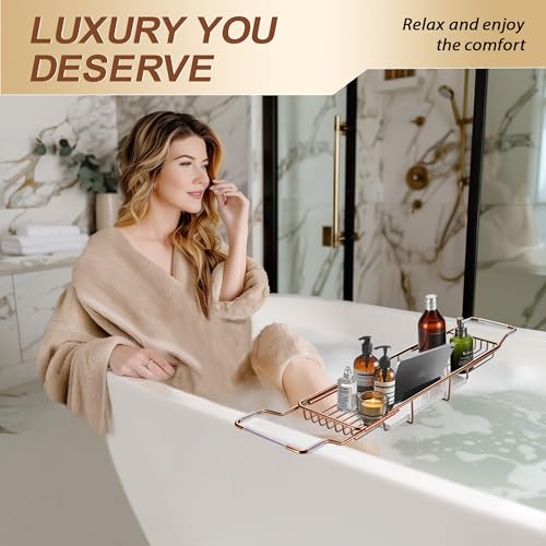 BVL Bathtub Tray Stainless Steel with Marble Base Rose Gold Bathtub Tray with White Marble Base Adjustable & Rustproof Bath Caddy for Spa, Relaxation, Bath Bombs - color: Rose Gold