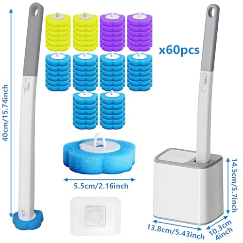 Disposable Toilet Brush Cleaning System, Disposable Toilet Cleaner Wand and Holder Set with 60 Toilet Wand Refills, Extended Handle for Toilet Bowl Cleaners, Bathtub, Bathroom Cleaning - size: 1 set Automatic lid + 60 refills