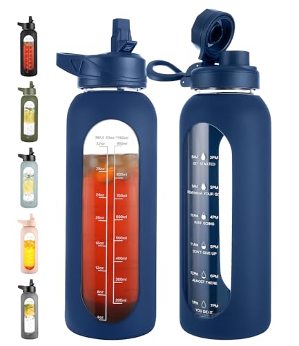CIVAGO 40 oz Glass Water Bottle with Straw and Handle, Large Sports Motivational Water Bottle Flask with Time Marker and 2 Lids, Leakproof Water Jug Canteen with Silicone Sleeve for Gym, Navy - color: .Navy, size: 40 Ounces