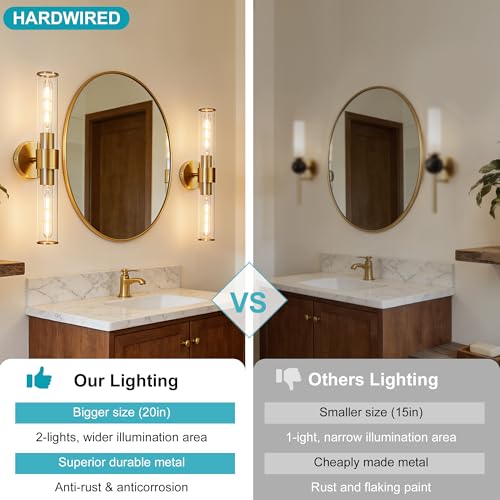 Gold Wall Sconce 2 Pack Hardwired, Bathroom Light Fixtures Clear Glass Featuring Two E26 sockets, Vanity Lights Fixtures for Bathroom, Dimmable - Bulb Not Included, UL Certification - color: Gold Clear Glass-2Pack