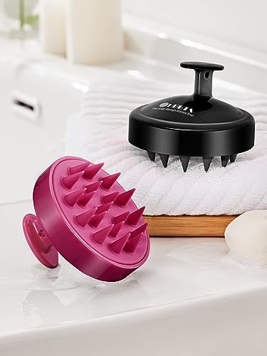 HEETA Scalp Massager Hair Growth 2-Pack, Soft Silicone Scalp Scrubber Shampoo Brush for Exfoliation Dandruff Removal Head Massage Stress Relax, Wet & Dry Use for Women Men Thick Thin Curly Hair Care - color: Red & Black
