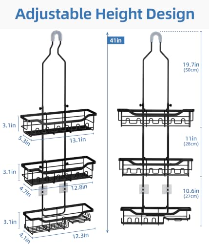 Adjustable Shower Caddy Hanging, Extended Length Organizer Over Shower Head, 3 Tier Long Neck Shower Rack with Soap Holder for Large Storage, Black - color: Black - 3 Tier - Standard