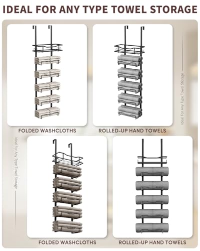 Aetyord Hanging Towel Racks for Bathroom No Drill - 6-Tier Over The Door Bath Towel Storage Organizer for Small Bathrooms - Tiered Back of Door Towel Holder Hanger for Rolled Towels RV Camper Black - color: Black, size: 6 tier