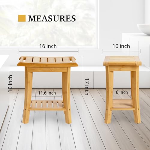 Unibambou Bamboo Shower Bench Inside Shower Stool with Storage Shelf, Spa Bath Chair for Bathroom, Seat or Organizer for Living Room, Bedroom and Garden - Great for All Ages Elderly (Small, Natural) - color: Natural, size: Small 16x10x17 Inch