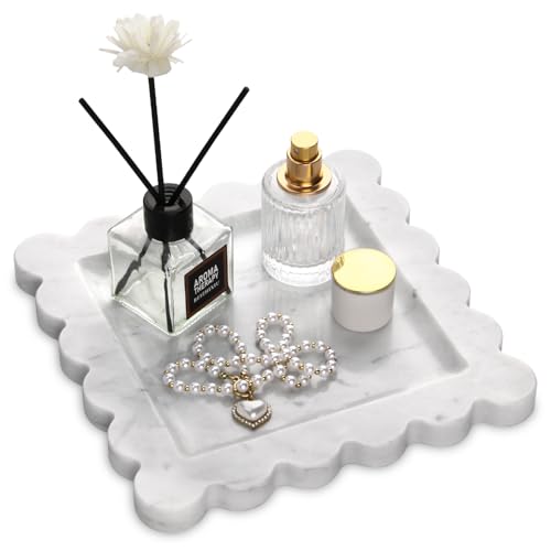 Square Marble Decorative Tray with Scalloped Edge,Luxury Natural Italian Stone Bathroom Vanity Tray, Dresser Top Perfume Coffee Home Sink Tray, Key Trinket Ring (Carrara White, 8 * 8) - color: Carrara White, size: 8" x 8" x 0.8"