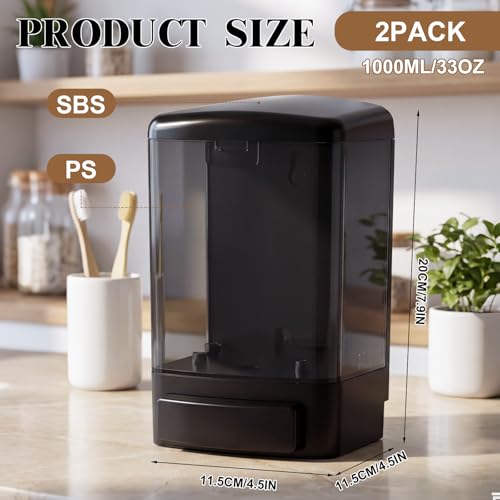 Hushee 2 Pcs Plastic Wall Mounted Soap Dispenser Commercial Manual Soap Containers Wall Dispenser for Kitchen Shower Hotel Liquid Shampoo Gel Chamber (33.8 oz 1000 ml,All Black) - color: All Black, size: 33.8 oz 1000 ml