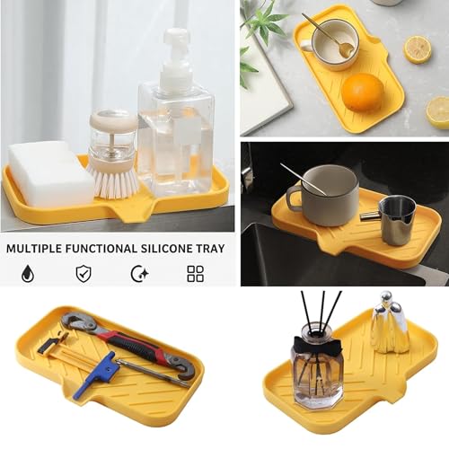 MicoYang Silicone Soap Dish with Drain Spout — Self-Draining Sink Organizer Tray for Bathroom & Kitchen, Sponges, Dispensers & Soap Holder, Non-Slip & Dishwasher Safe, Yellow (Medium, 9.6"×5.3") - color: Yellow, size: M(9.6"×5.3")