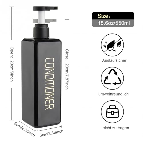 Shampoo and Conditioner Dispenser Shower Soap Bottles 3 Pack 550ml/18.6oz Refillable Shampoo Pump Bottle Dispenser Plastic Empty Body Wash Dispensers with Stylish Permanent Labels for Bathroom (Black) - color: Black