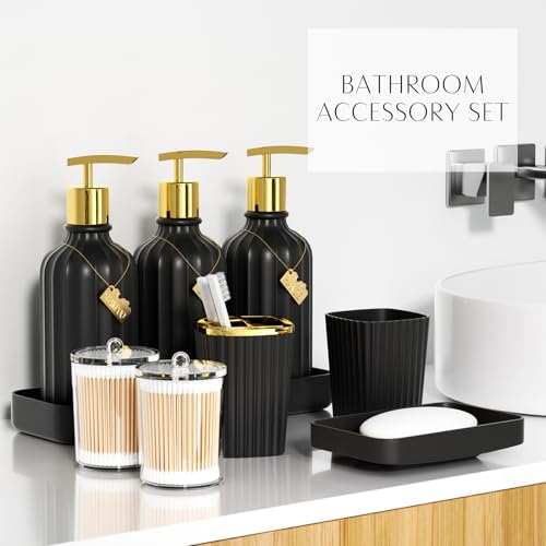 21PCS Bathroom Sets with Shower Curtain and Rugs Bathroom Accessories Set Black Bathroom Set Complete with Trash Can, Toilet Brush, Qtip Holder & 3PCS Soap Dispenser - size: Bath Set+Marble Shower Curtain+Rugs, style: Black