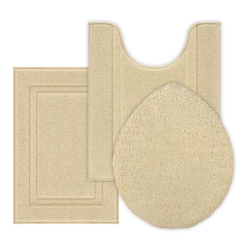 SHACOS Microfiber Bathroom Rugs Set of 3 with Toilet Lid Cover Non Slip | Washable Bath Mat Absorbent Bathroom Carpet 16"x24"+U Shape Toilet Rug 20"x24"+Toilet Lid Cover 19"x21", Beige - color: Beige, size: 16"x24"+U-Shape 20"x24"+Lid Cover 19"x21"