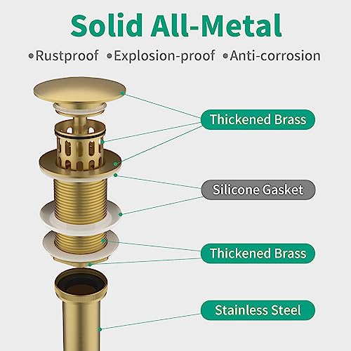 Bathroom Pop up Drain Without Overflow, Anti-Clogging Vessel Sink Drain Strainer, Pop Up Drain with Detachable Basket, Hair Catcher Bathroom Sink Drain Stopper(Brushed Gold, No Overflow) - color: Brushed Gold, size: No Overflow