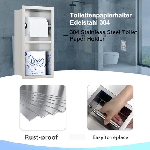 Neodrain Brushed Toilet Paper Holder, Contemporary Hotel Style Pivoting in Wall Tissue Holder, Stainless Steel Recessed Tissue Paper Roll Holder, Dual roll(Brushed Nickel) - color: Brushed, size: 6X12In