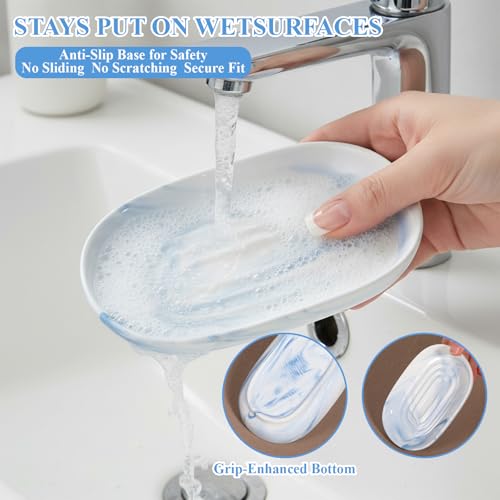 Ceramic Soap Dish, Blue Decorative Bathroom Soap Dish with Unique Marble Texture, Easy Clean Oval Decorative Soaps Tray for Bathroom & Kitchen