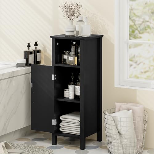 Tangkula Bathroom Floor Storage Cabinet With Anti-Tipping Device, 3-Height Adjustable Shelf, Wood Freestanding Side Cabinet for Home Office, 12 x 12 x 31.5 Inches (Black) - color: Black