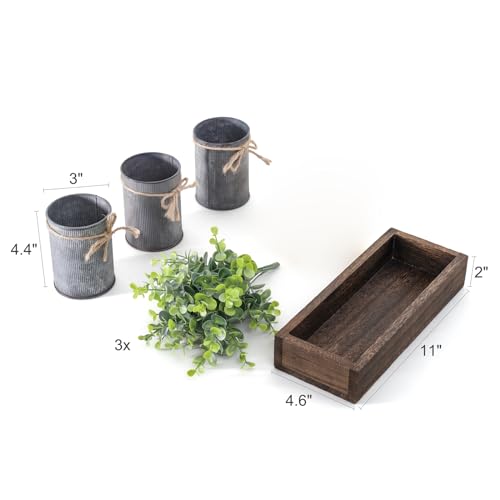 Dahey Fake Eucalyptus Plants Farmhouse Table Centerpieces for Dining Room | Set of 3 Galvanized Pots, Brown Wood Tray, For Bathroom Coffee Kitchen Entryway Living Room Decor, No Maintenance Required