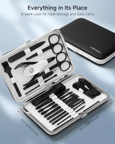 Manicure Set, Jubolion 19pcs Stainless Steel Professional Nail Clippers Pedicure Set with Black Leather Storage Case, Portable Grooming Kit for Travel or Home, Perfect Gifts Women and Men (Black)