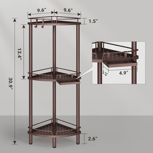 ELYKEN Corner Shower Caddy Standing, 3 Tier Rustproof Metal Shower Organizer with Soap Holder, Floor Shower Corner Shelf Rack Storage Stands with Adjustable Feet & 2 Hooks for Bathroom, Bronze - color: Bronze, size: 3 Tier