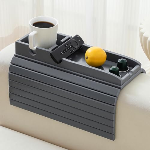 Bamboo Couch Cup Holder Arm Tray，Foldable Couch Drink Holder Armrest Table，Sofa Arm Rest Tray，Flexible Arm Chair Table Recliners for Drink,Cups, Snacks, Phone, Remote (Grey) - color: Grey