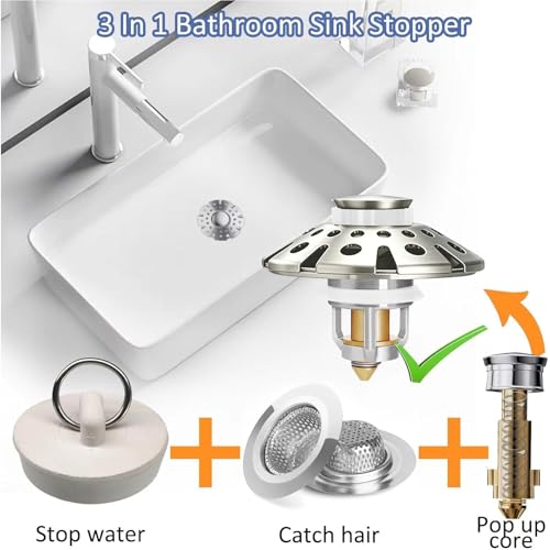 AzWzz Bathroom Sink Drain Strainer, 3 in 1 Pop Up Bathroom Sink Stopper Plug with Hair Catcher Cover, Universal for 1.06 in to 1.6 in Sink Drain, Brushed Nickel - color: Brushed Nickel, style: Bathroom Sink Stopper with Hair Catcher
